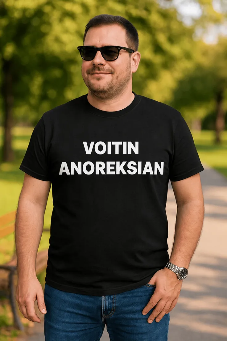 Hauska t-paita Voitin anoreksian, jossa teksti VOITIN ANOREKSIAN