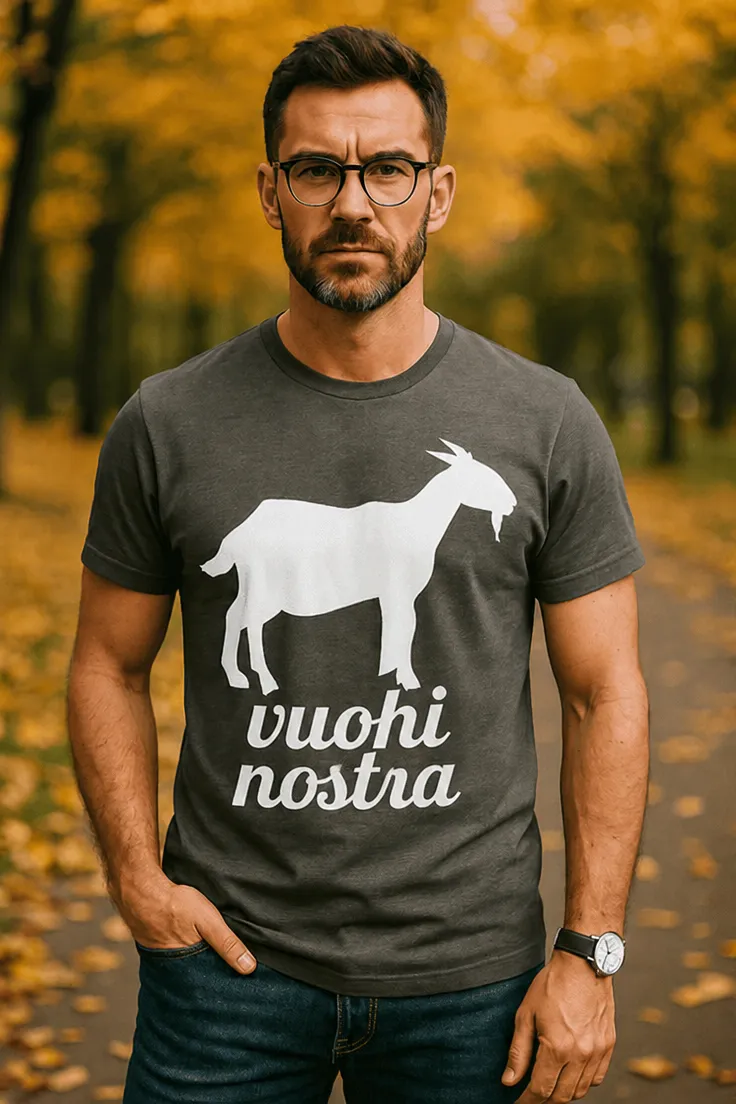 Hauska t-paita Vuohi nostra humoristisella vuohi nostra -painatuksella
