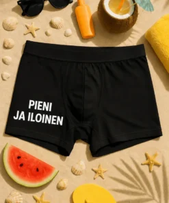 Hauskat bokserit Pieni ja iloinen lahjaksi, tekstillä PIENI JA ILOINEN