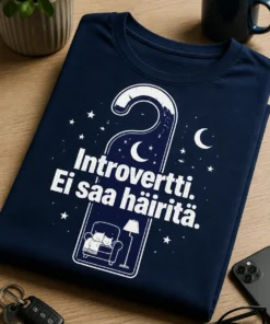 Navy-sävyinen typografinen t-paita, jossa ovessa roikkuva do not disturb -kyltin inspiroima kuvio ja teksti Introvertti. Ei saa häiritä. sekä pieniä kuu- ja tähtiyksityiskohtia.