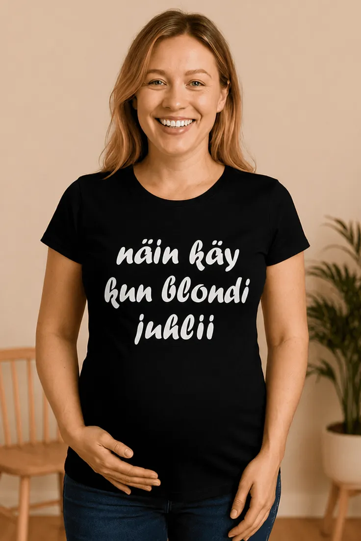 Äitiys t-paita Blondi juhlii, hauska printtipaita lahjaksi