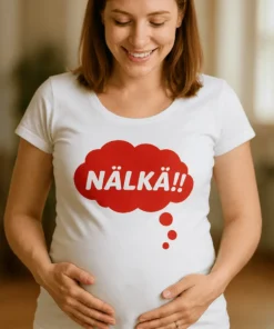 Äitiys t-paita Nälkä hauskalla NÄLKÄ!!-painatuksella