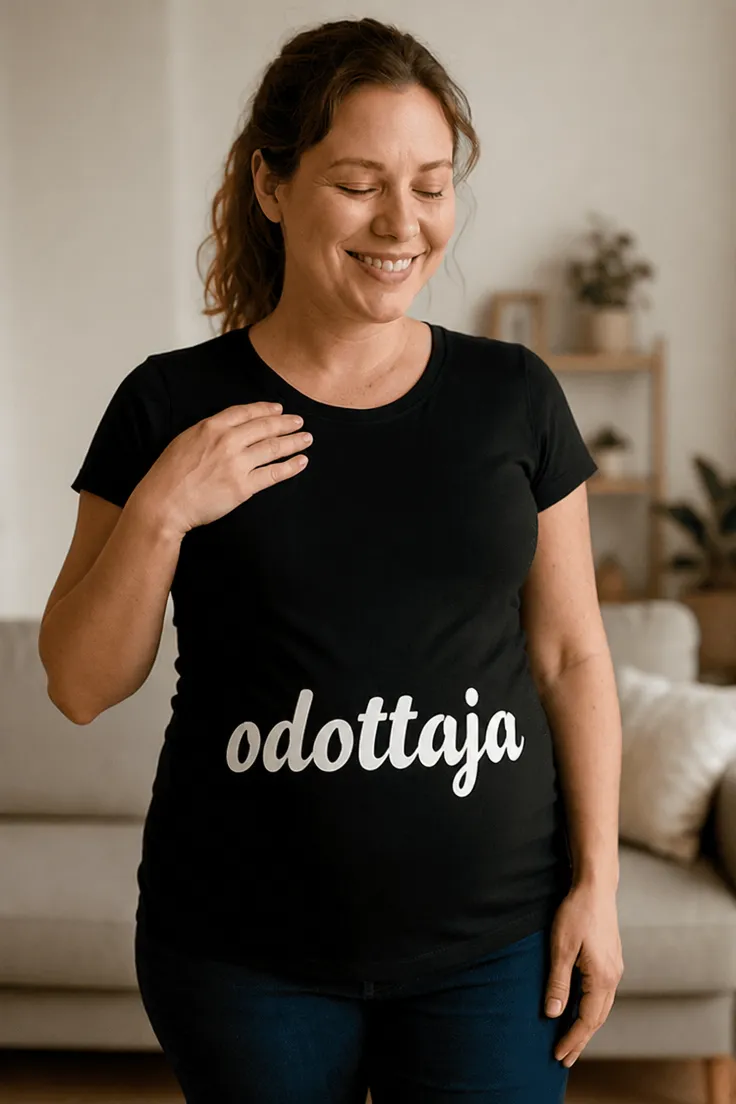 Äitiys t-paita Odottaja, jossa teksti odottaja