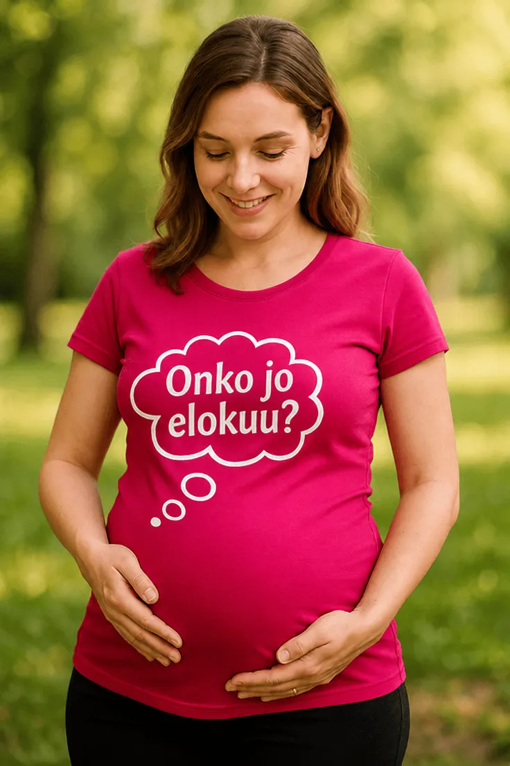 Äitiys t-paita Onko jo elokuu? hauska lahjapaita odottavalle äidille