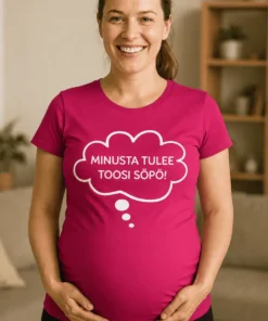 Äitiys t-paita hauskalla MINUSTA TULEE TOOSI SÖPÖ! -tekstillä lahjaksi odottajalle