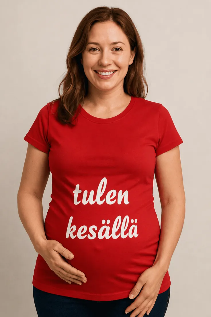 Äitiys t-paita Tulen kesällä hauska lahjapaita tekstillä tulen kesällä