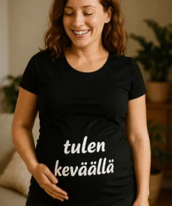Äitiys t-paita Tulen keväällä, hauska lahjapaita tekstillä tulen keväällä