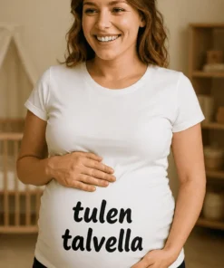 Äitiys t-paita Tulen talvella hauskalla tulen talvella -painatuksella