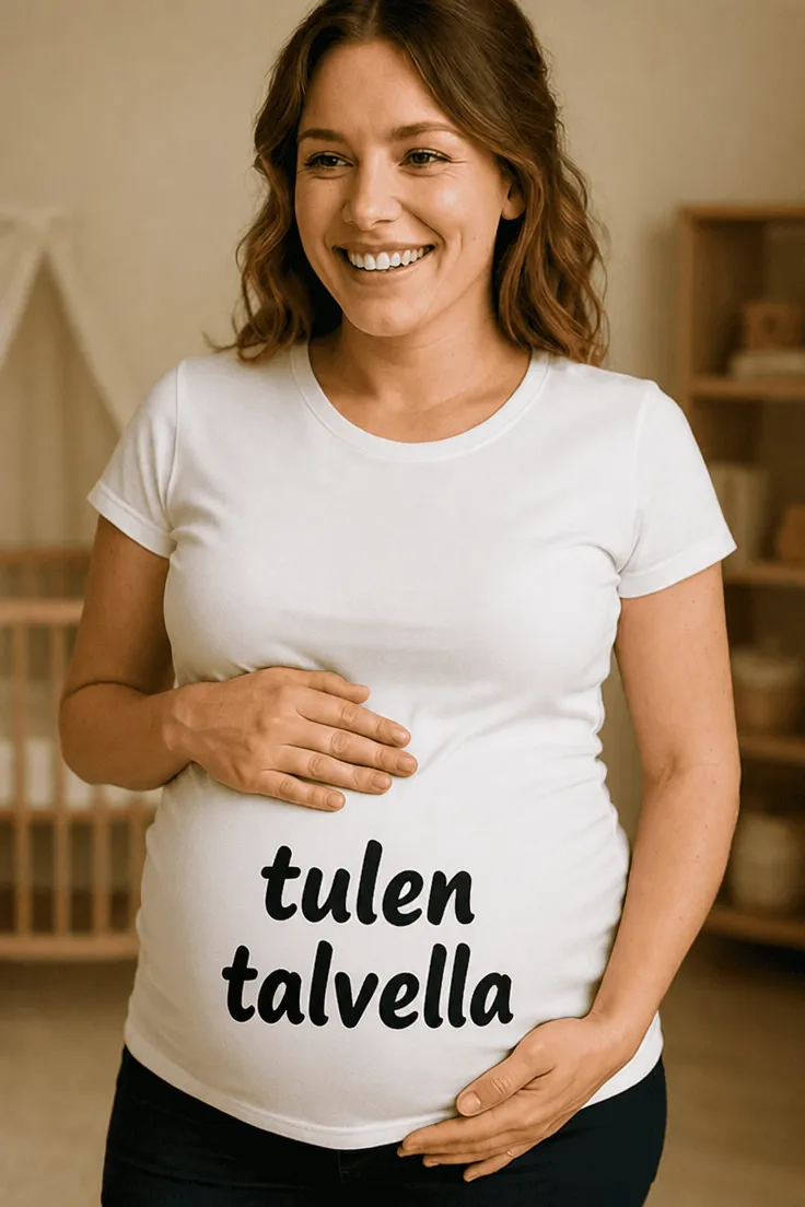 Äitiys t-paita Tulen talvella hauskalla tulen talvella -painatuksella