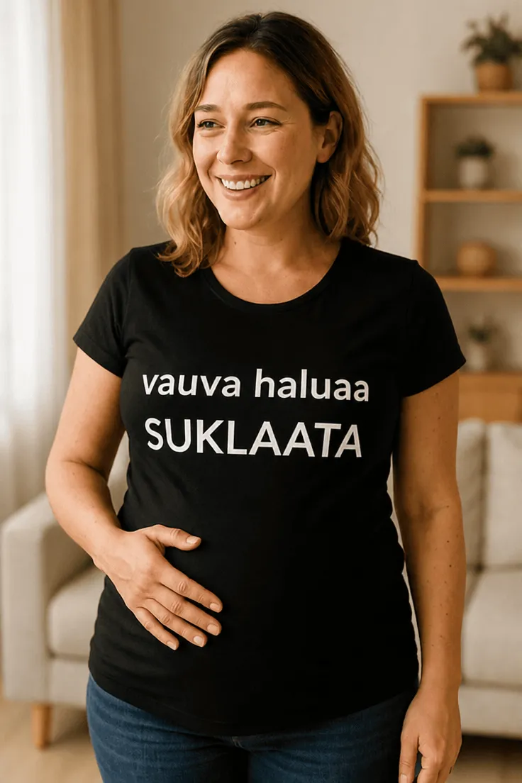 Äitiys t-paita Vauva haluaa suklaata hauskalla tekstiprintillä