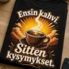 Kahviaiheinen t-paita, jossa höyryävä kahvikuppi ja teksti Ensin kahvi. Sitten kysymykset.
