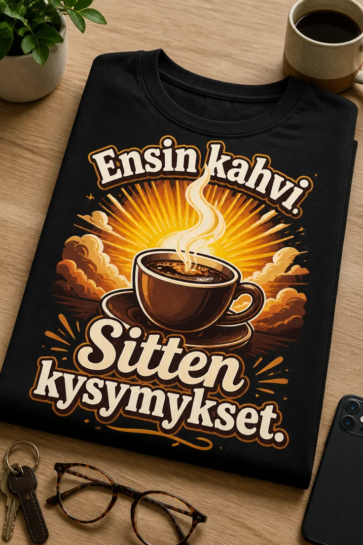 Kahviaiheinen t-paita, jossa höyryävä kahvikuppi ja teksti Ensin kahvi. Sitten kysymykset.