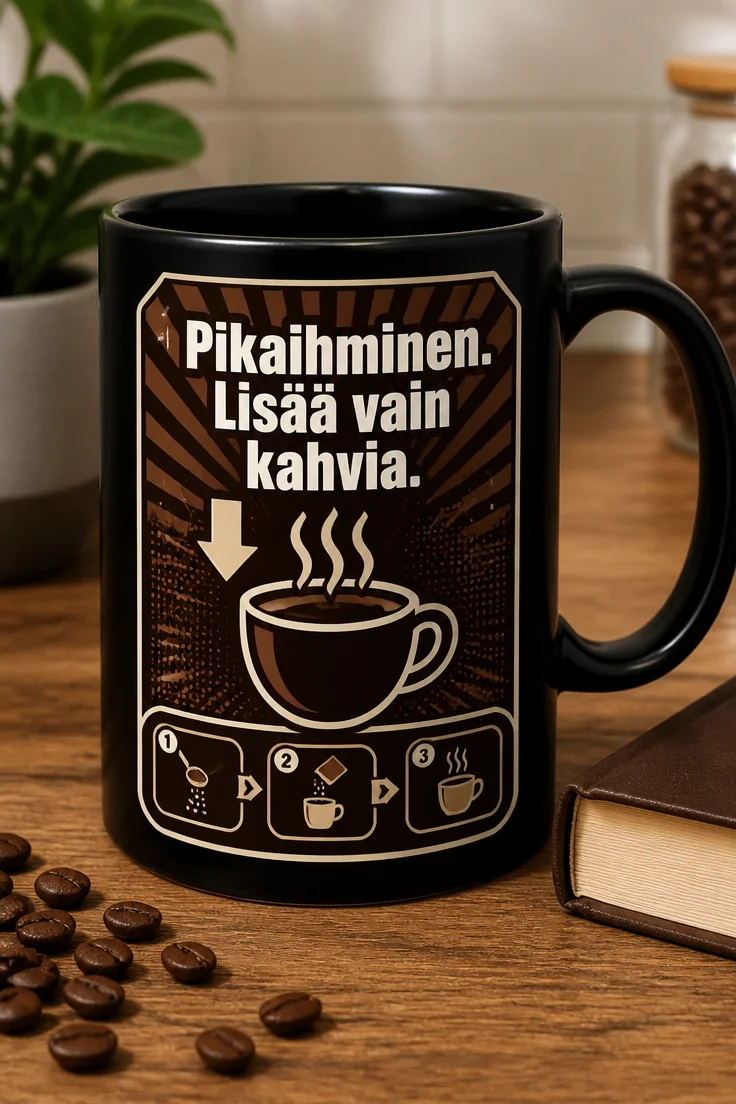 Kahvimuki, jossa lukee Pikaihminen. Lisää vain kahvia. Minimalistinen kahviparodia-design.