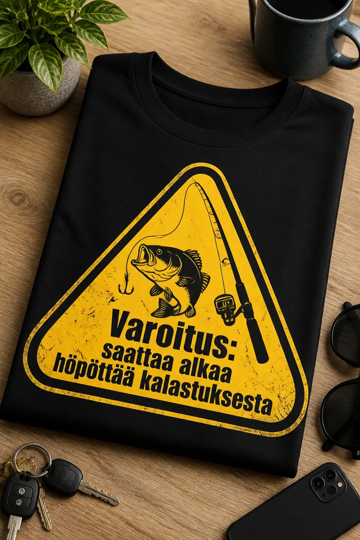 Keltamusta varoituskolmio ja kala-aiheinen printti, jossa lukee Varoitus: saattaa alkaa höpöttää kalastuksesta.