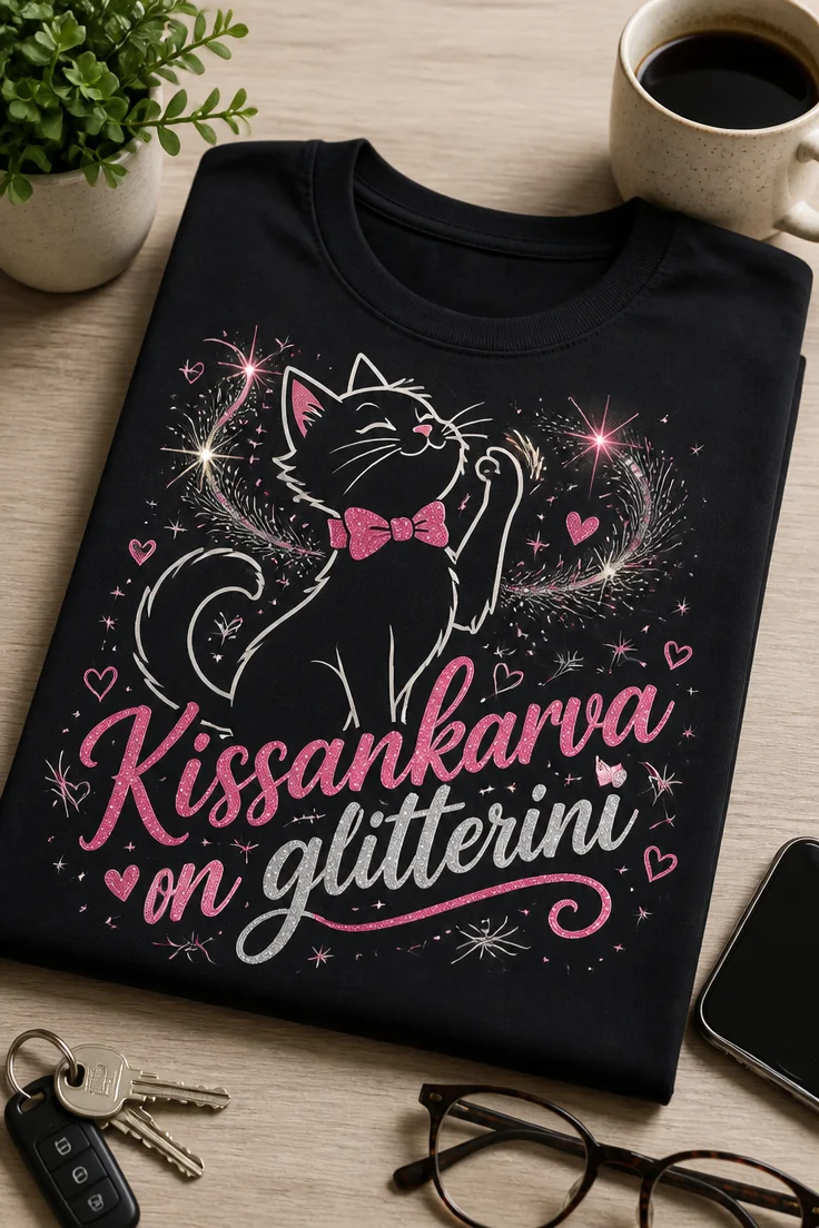 Kissan t-paita, jossa lukee Kissankarva on glitterini. Dark-shirt designissa on leikkisä kissasiluetti, pinkit ja hopeiset glitter-sparklet sekä hauska, helposti luettava käsinkirjoitettu tyyli.