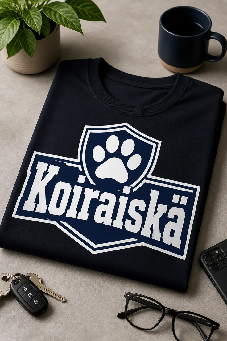 Koiraiskä-t-paita, navy ja valkoinen athletic badge -tyyli, kilpimäinen tassulogo ja vahva varsity-typografia