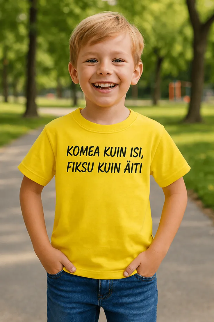Lasten t-paita Komea kuin isi fiksu kuin äiti hauskalla painatuksella