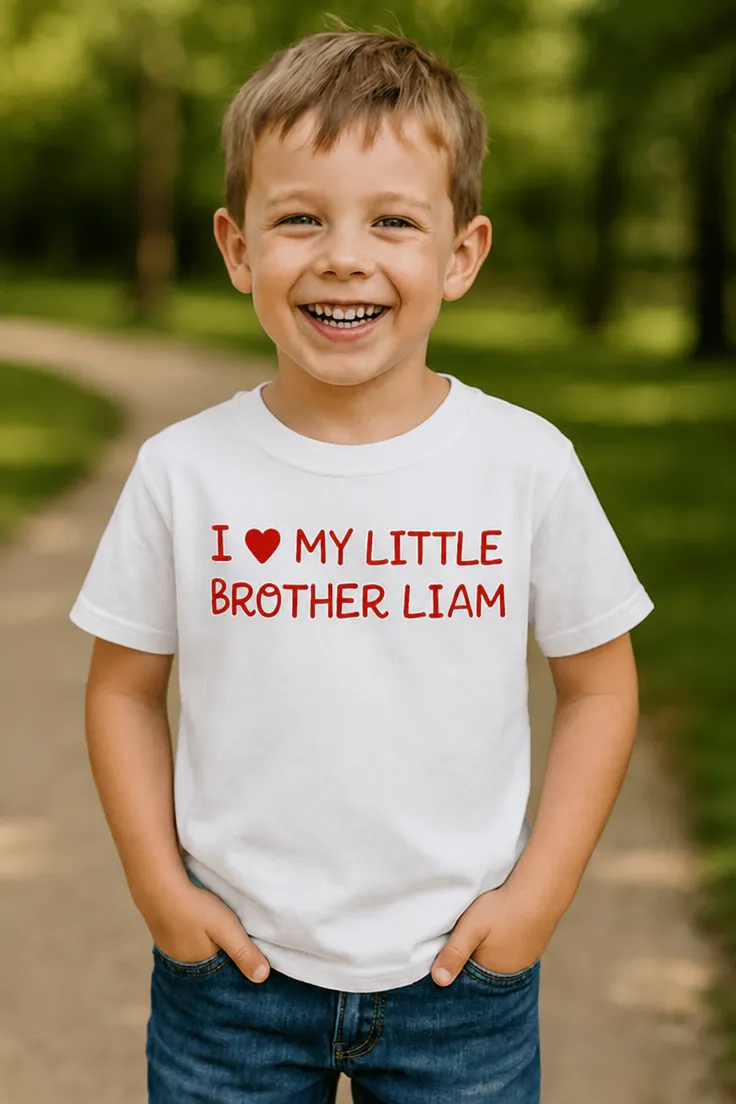 Lasten t-paita Pikkuveli nimellä, jossa teksti I ♥MY LITTLE BROTHER LIAM