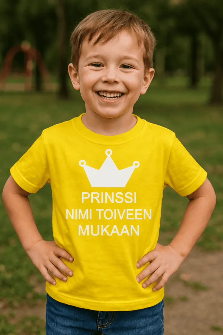 Lasten t-paita Prinssi nimellä hauskalla prinssi-teemalla ja personoidulla nimellä