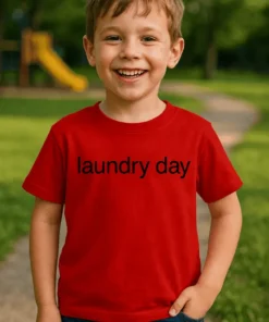 Lasten t-paita Pyykkipäivä, jossa teksti laundry day