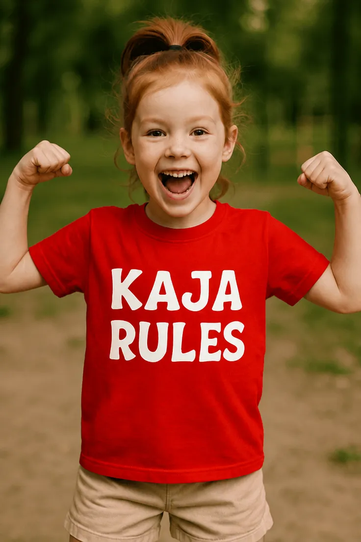 Lasten t-paita Rules nimellä, jossa teksti KAJA RULES