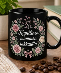 Mummo muki, jossa lukee Kupillinen mummon rakkautta ja jonka ympärillä on herkkä kukkaseppele sekä sydämenmuotoista höyryä.