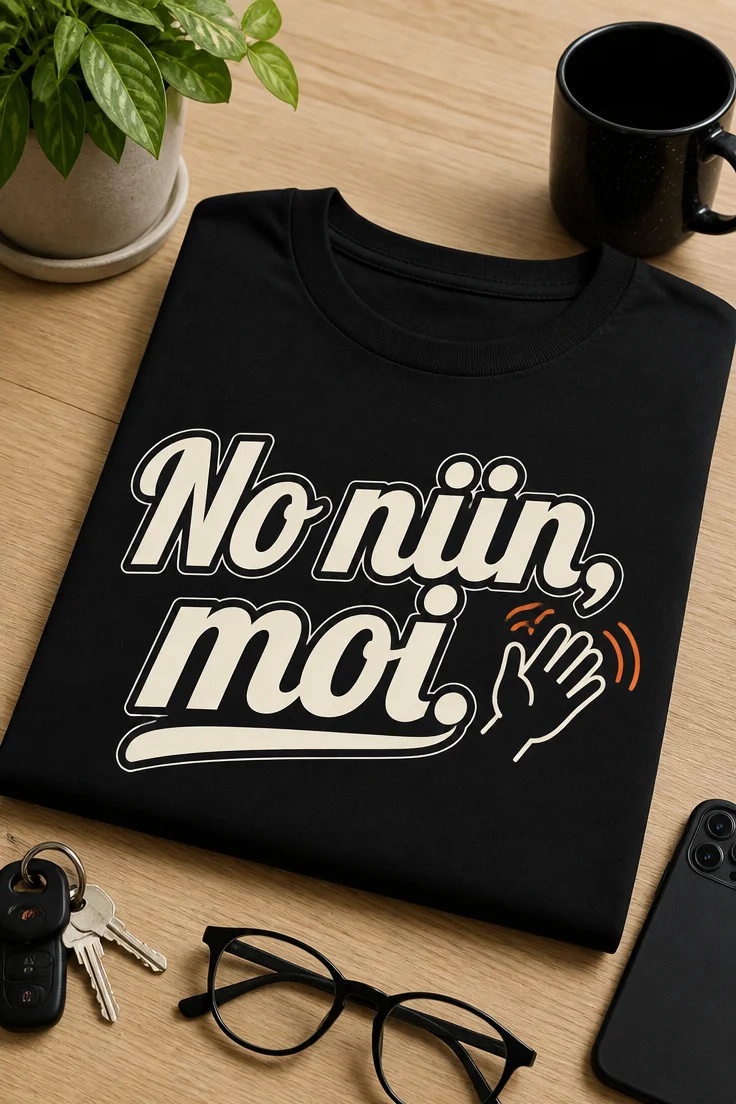 Naisten t-paita, jossa teksti No niin, moi. Selkeä, minimalistinen typografinen design.