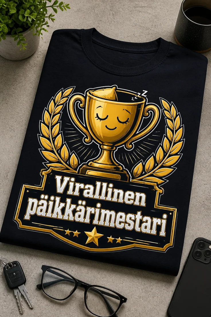 Tummalle T-paidalle painettu kultainen palkintomalja ja laakeriseppele, jossa nukkuva ilme ja teksti Virallinen päikkärimestari.