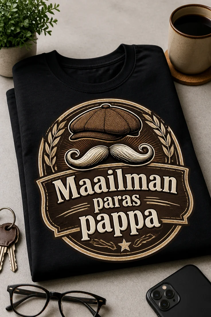 Vintage-henkinen pappa t-paita, jossa on teksti Maailman paras pappa, viikset, lippalakki ja nostalginen badge-tyylinen rintamerkki.
