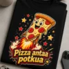 Hauska pizza t-paita, jossa pizza-slice rakettina ja teksti Pizza antaa potkua