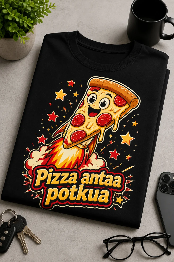 Hauska pizza t-paita, jossa pizza-slice rakettina ja teksti Pizza antaa potkua