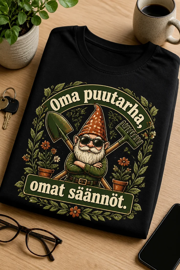 Puutarha-aiheinen t-paita tekstillä Oma puutarha, omat säännöt. ja ristissä oleva lapio ja harava.