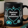 Sairaanhoitaja-aiheinen muki tekstillä Maailman paras sairaanhoitaja, EKG-sydän ja kahvihöyryn yksityiskohta.