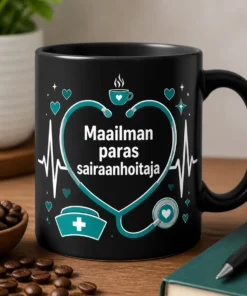 Sairaanhoitaja-aiheinen muki tekstillä Maailman paras sairaanhoitaja, EKG-sydän ja kahvihöyryn yksityiskohta.