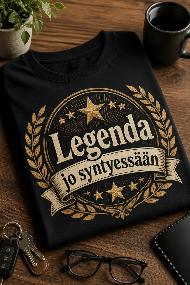 Vintage-tyylinen syntymäpäivä t-paita tekstillä Legenda jo syntyessään, kultaisen ja kerman sävyinen retroembleemi tummalla pohjalla