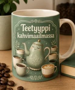 Muki tekstillä Teetyyppi kahvimaailmassa, teekannu kahvikuppien ympäröimänä, sage green ja cream -sävyissä.
