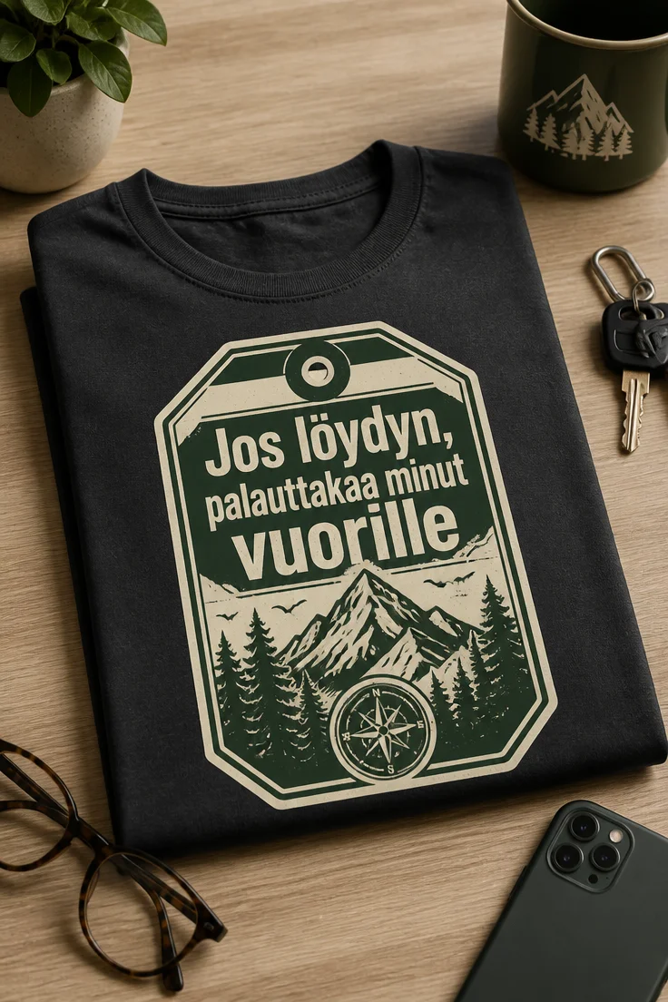 Vaellushenkinen T-paita, jossa tag-tyylinen kehys, vuoristo-, kompassi- ja retkiaiheinen grafiikka sekä teksti Jos löydyn, palauttakaa minut vuorille.
