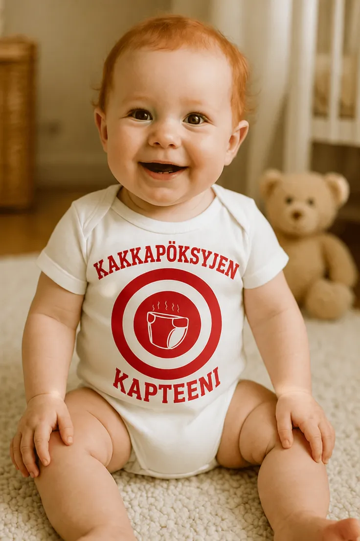 Vauvan body Kakkapöksyjen kapteeni hauskalla KAKKAPÖKSYJEN KAPTEENI -painatuksella