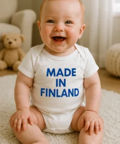 Vauvan body Suomessa tehty, jossa painatus MADE IN FINLAND