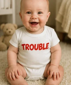 Vauvan body Trouble, jossa teksti TROUBLE