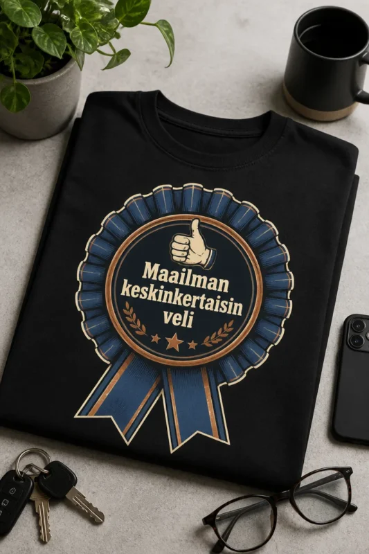 T-paita, jossa on sininen ja pronssinen rosettimainen kunniamerkki sekä teksti Maailman keskinkertaisin veli