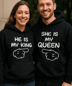 Villapaita Kuningas ja kuningatar parille hauskalla pariskuntadesignilla ja tekstillä HE IS MY KING SHE IS MY QUEEN छ