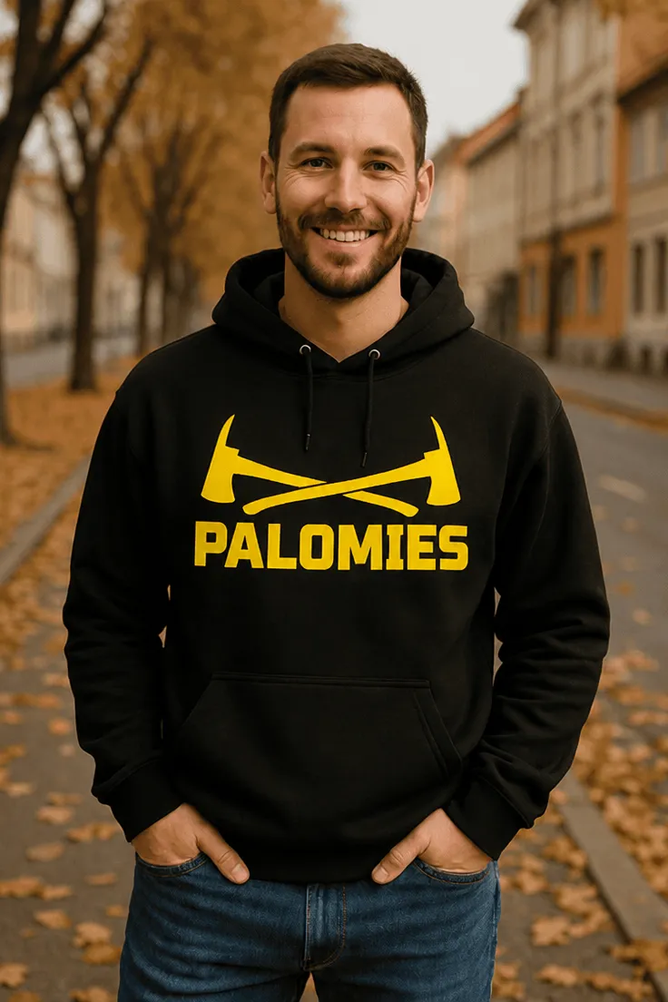 Villapaita Palomies kirveillä t-paita tekstillä PALOMIES