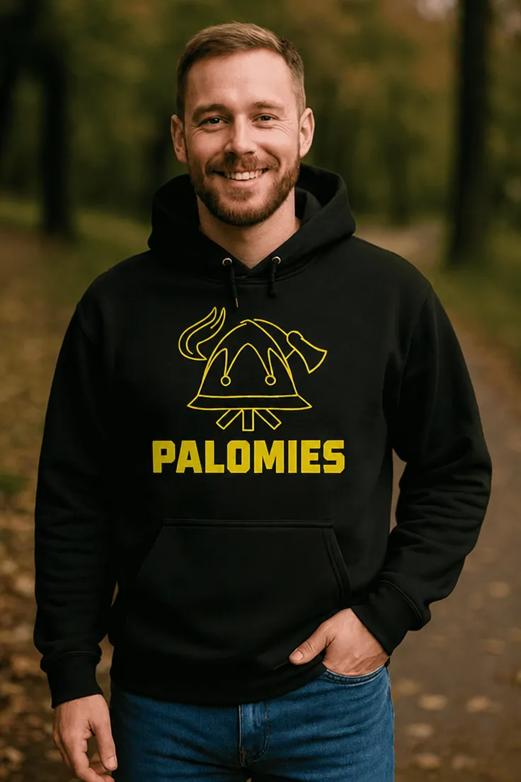 Villapaita Palomies kypärällä -aiheinen hauska lahjapaita tekstillä PALOMIES
