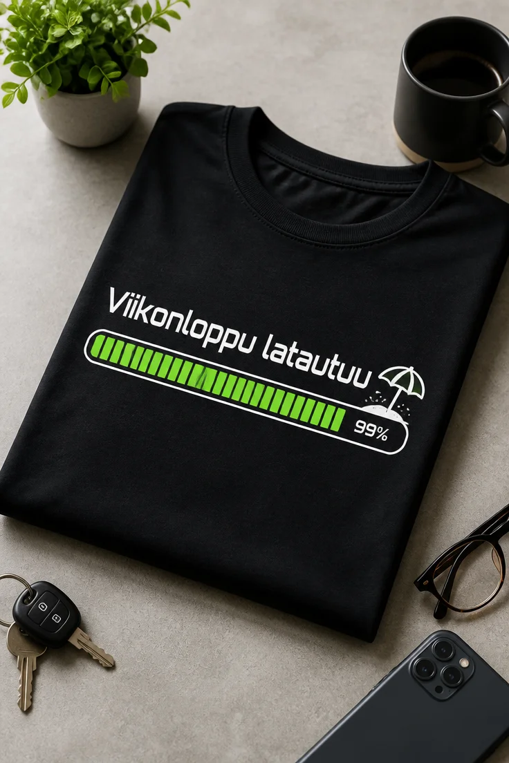 Minimalistinen T-paita, jossa on 99-prosenttinen vihreä edistymispalkki ja pieni rantavarjo, teksti Viikonloppu latautuu.