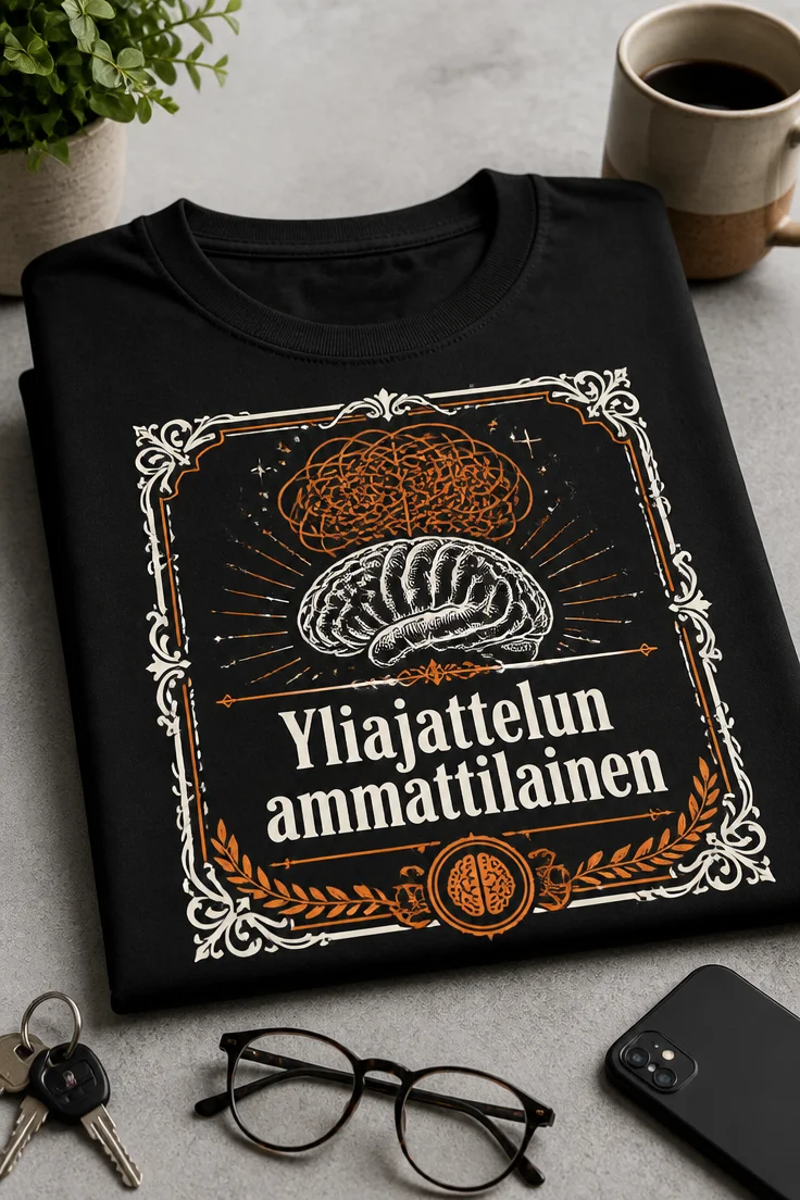 Yliajattelun ammattilainen -t-paita, jossa on aivot, sotkuiset ajatusviivat ja sertifikaattikehys.